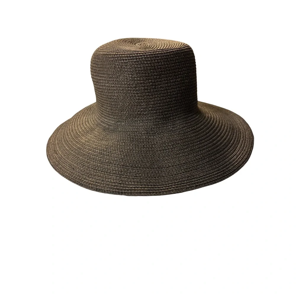 Talbots Womens Wide Brim Sun Hat Dark Brown Woven Paper Blend Summer Beach